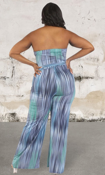 Blue Printed Tube Jumpsuit With Self Belt