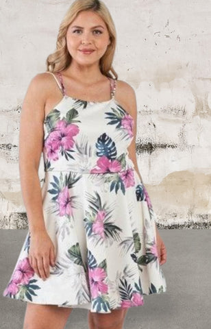 Plus Size Tropical Print Open Back Dress