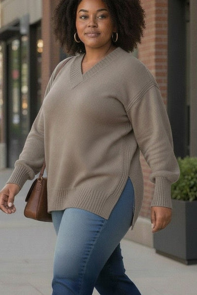 Plus size Brown Light Weight soft solid knit high low hem sweater