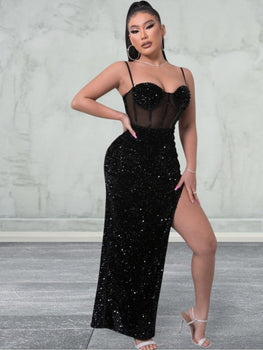 Sequin Spliced Mesh Adjustable Strap Maxi Dress