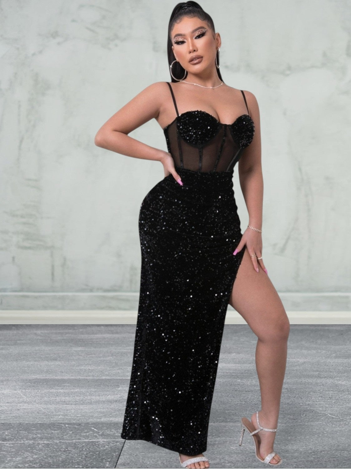 Sequin Spliced Mesh Adjustable Strap Maxi Dress