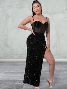 Sequin Spliced Mesh Adjustable Strap Maxi Dress