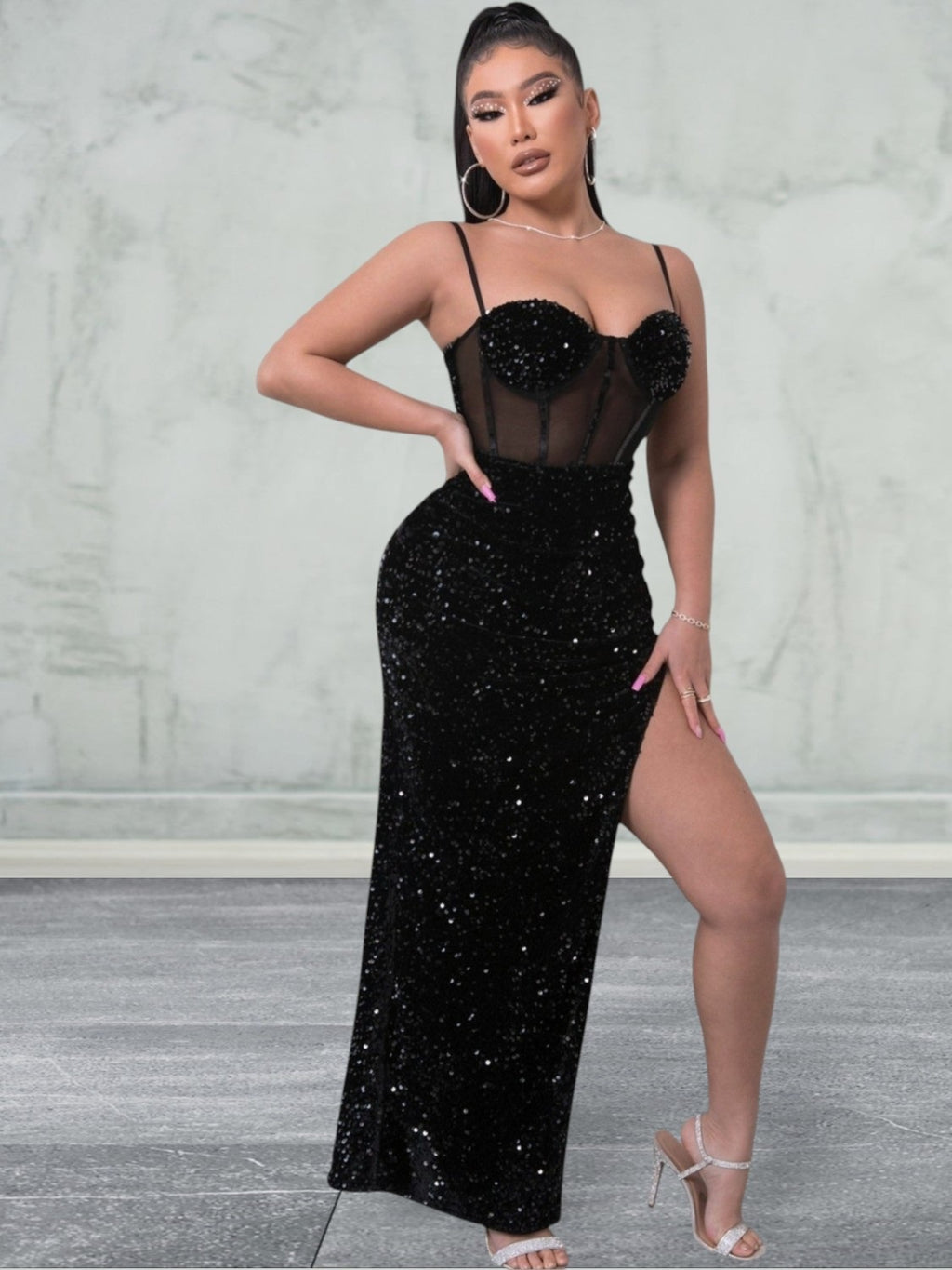 Sequin Spliced Mesh Adjustable Strap Maxi Dress