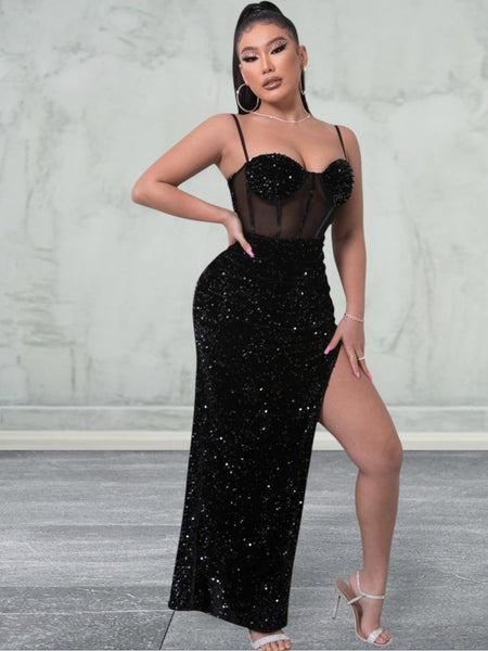 Sequin Spliced Mesh Adjustable Strap Maxi Dress
