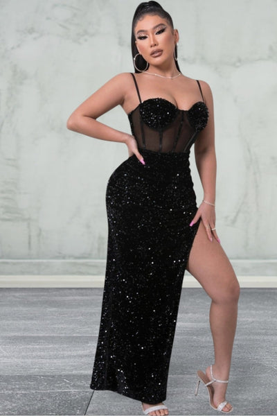 Sequin Spliced Mesh Adjustable Strap Maxi Dress