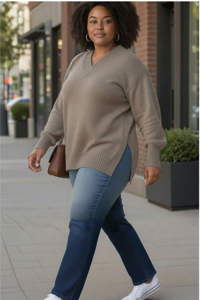 Plus size Brown Light Weight soft solid knit high low hem sweater