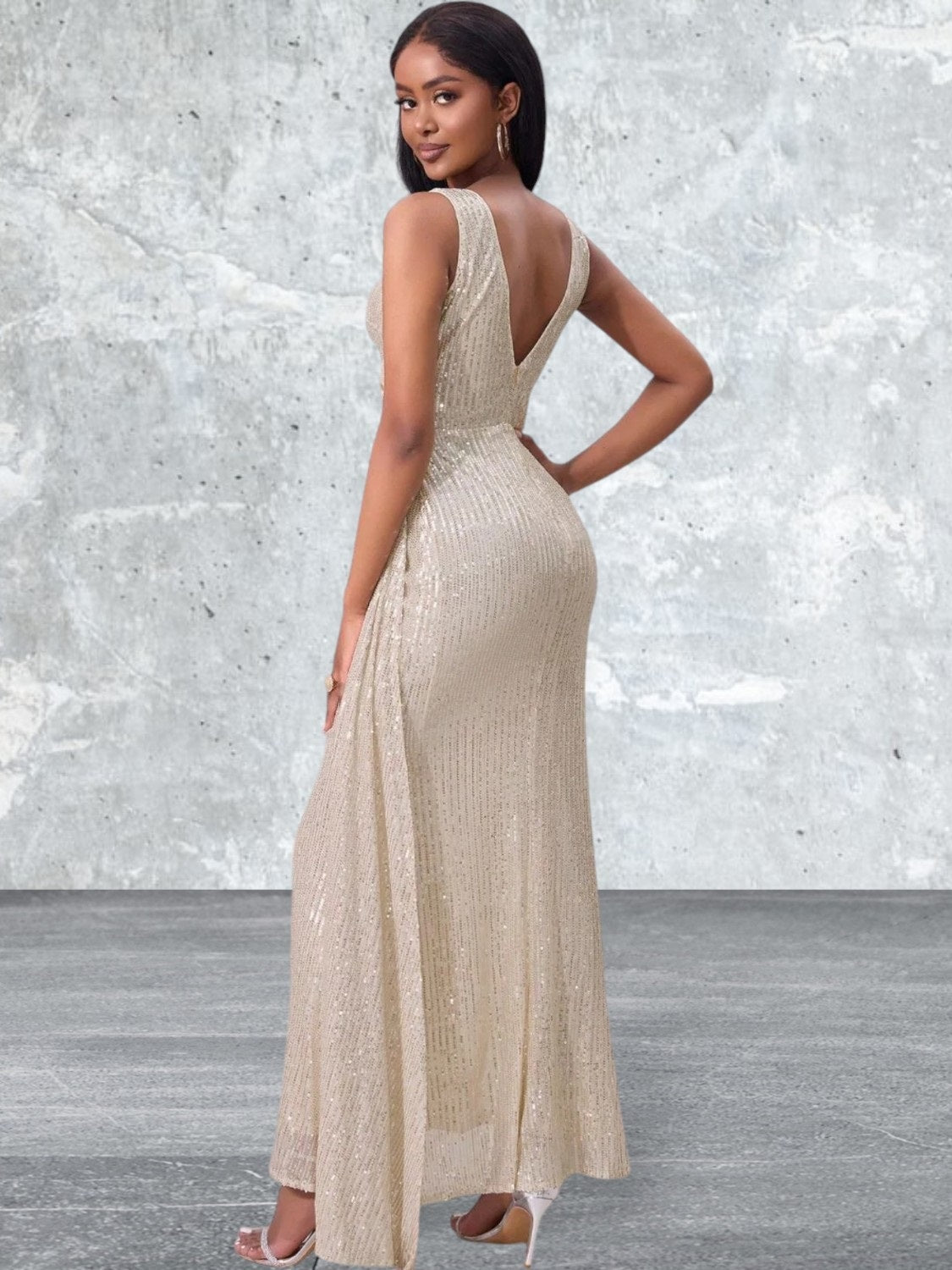 Sleeveless Slit Sequin Surplice Evening Dress