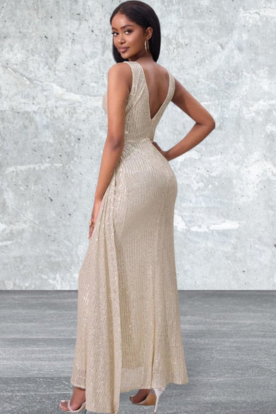 Sleeveless Slit Sequin Surplice Evening Dress