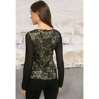 Long sleeve sheer juniors black gold top