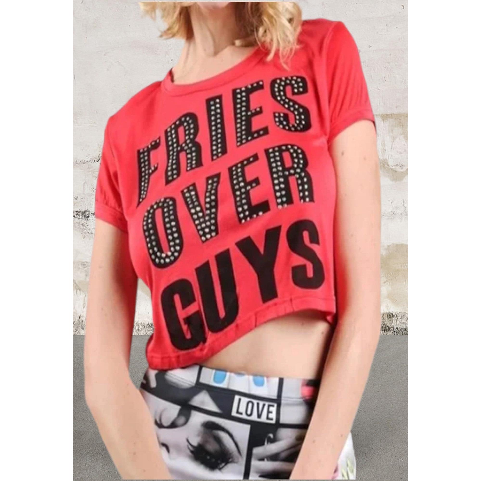 Juniors Fries Over Guys Graphic Studs Detail Crop Top