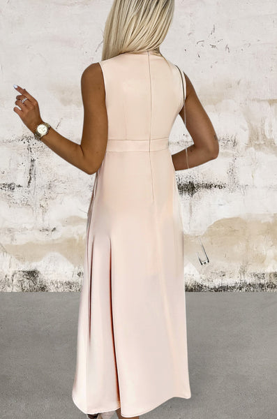 Sleeveless V Neck Frill Midi Dress with Slit