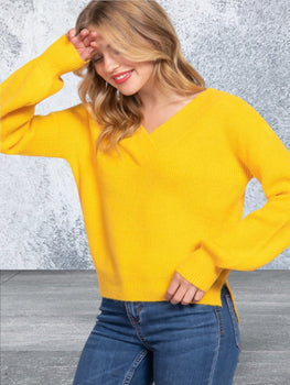 Vibrant Yellow Long Sleeve V-neck Sweater