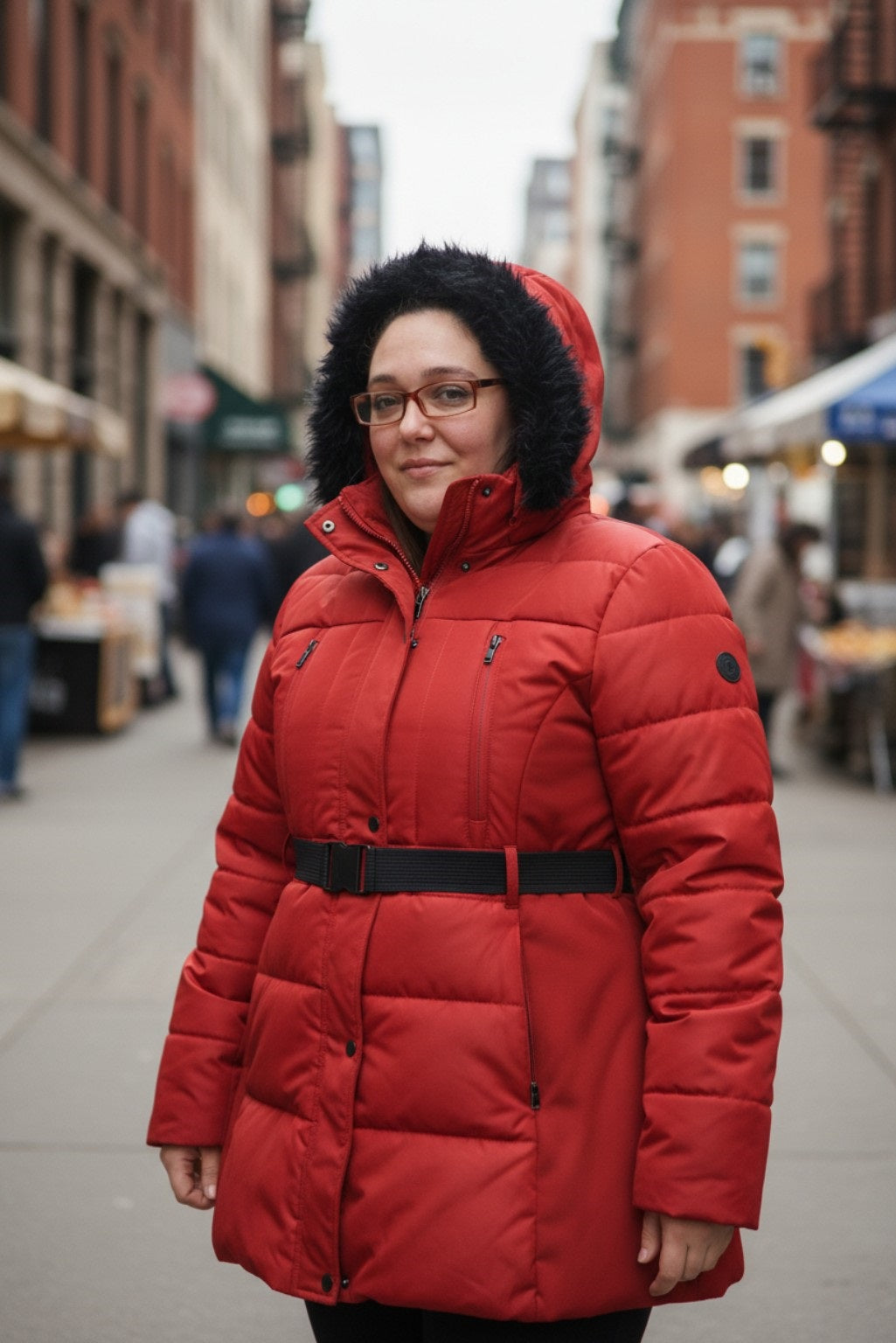 Women's Buckle Belt Detachable Fuzzy Faux Fur Hood Red Puffer Coat