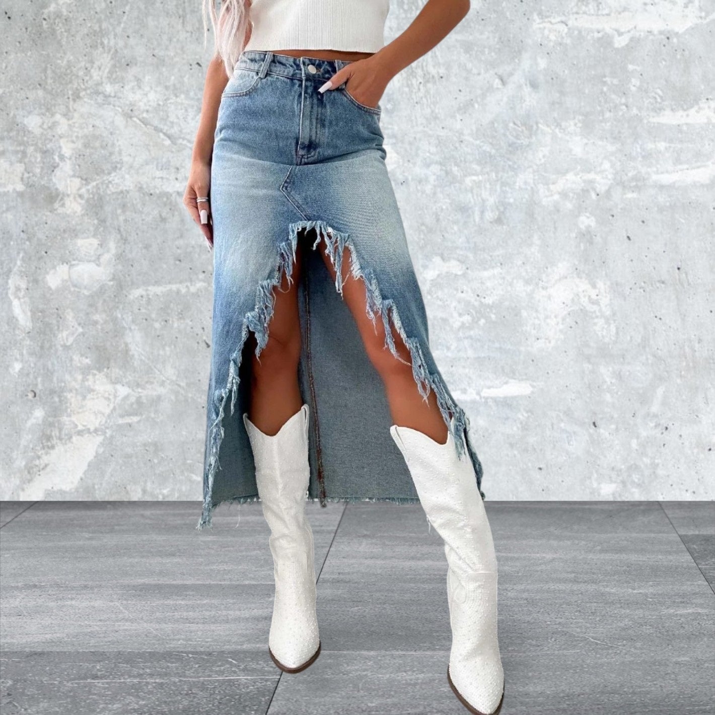 High Waist Raw Hem Asymmetry Denim Skirt