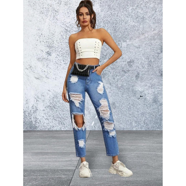 High waisted light blue ripped straight leg jeans