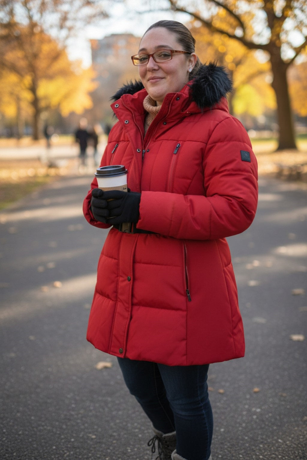 Women's Buckle Belt Detachable Fuzzy Faux Fur Hood Red Puffer Coat