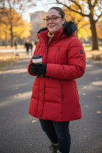 Women's Buckle Belt Detachable Fuzzy Faux Fur Hood Red Puffer Coat