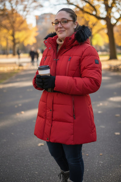 Women's Buckle Belt Detachable Fuzzy Faux Fur Hood Red Puffer Coat