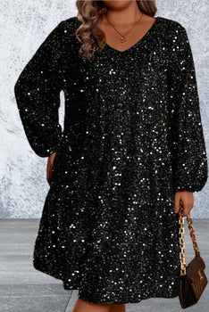 Plus Size Bubble Sleeve V Neck Sequin Dress