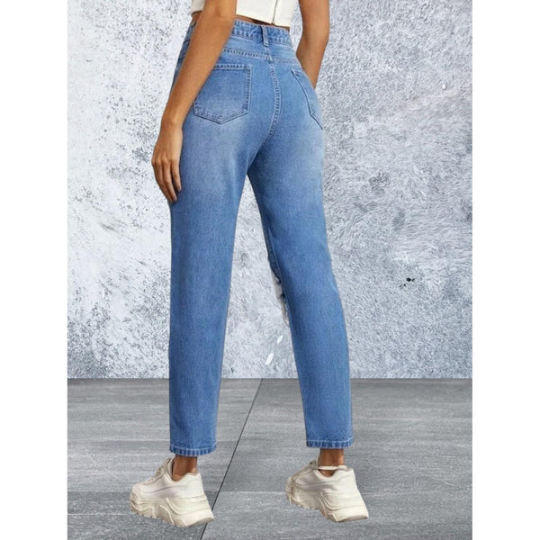 High waisted light blue ripped straight leg jeans