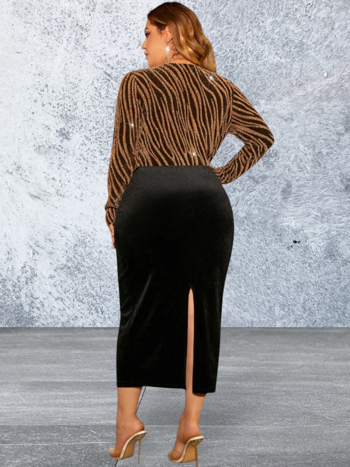 Plus Size V-Neck Long Sleeve Slit Dress
