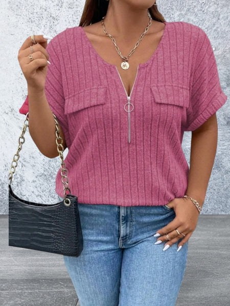 Plus Size Half Zip Short Sleeve Top