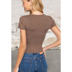 Short Sleeve Slit Brown Crew Neck Rib Crop Top