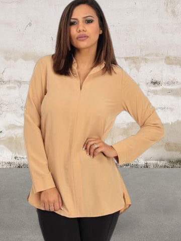 Long sleeve v-neckline tan dress shirt