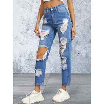 High waisted light blue ripped straight leg jeans