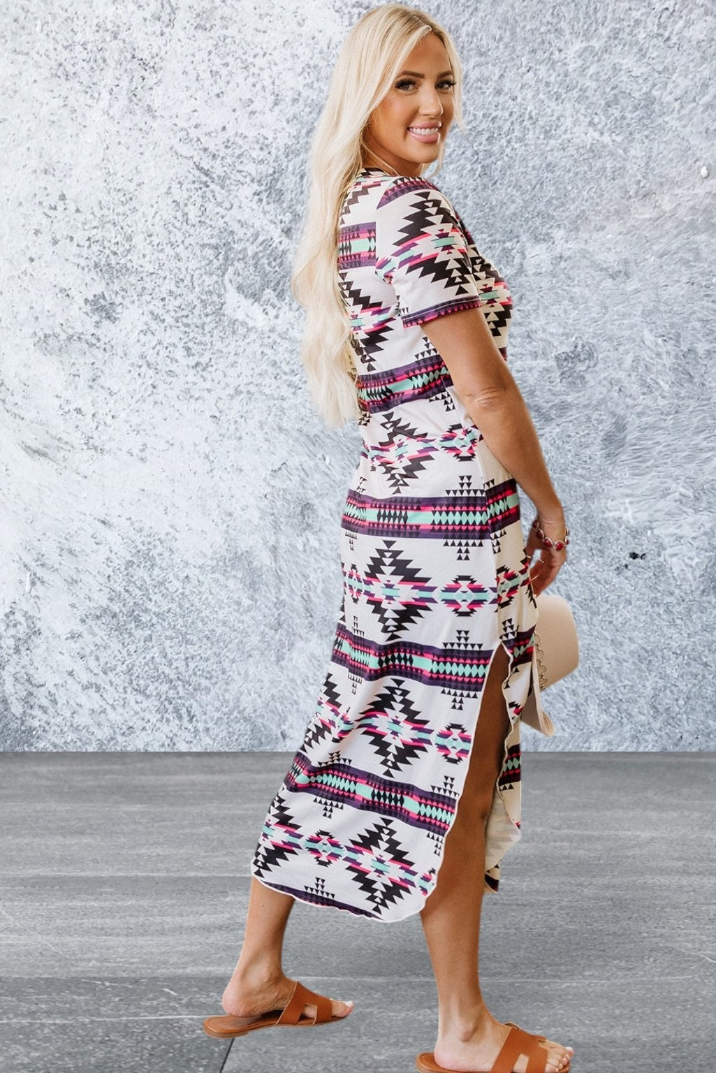 Short Sleeve Western Aztec Printed Long T-shirt Dress