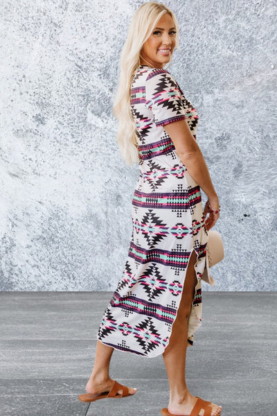 Short Sleeve Western Aztec Printed Long T-shirt Dress