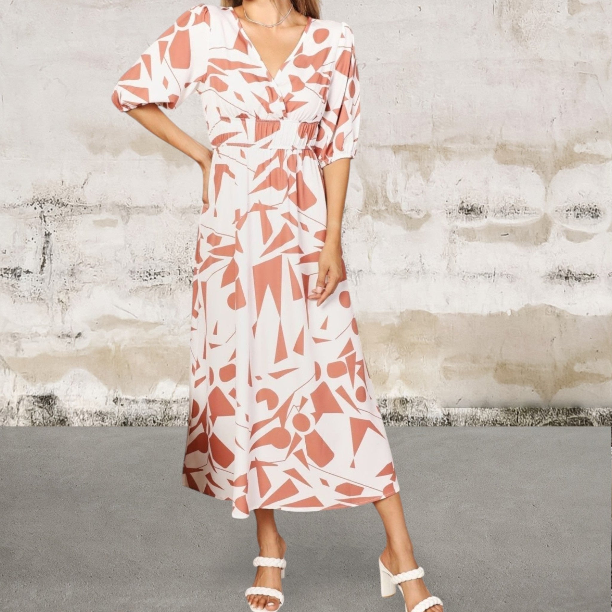 Printed Surplice Balloon Sleeve Dress