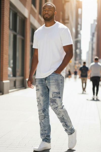 Men's Stretch Straight Leg Patchwork Jeans