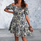 Off Shoulder Printed Smocked Mini Dress