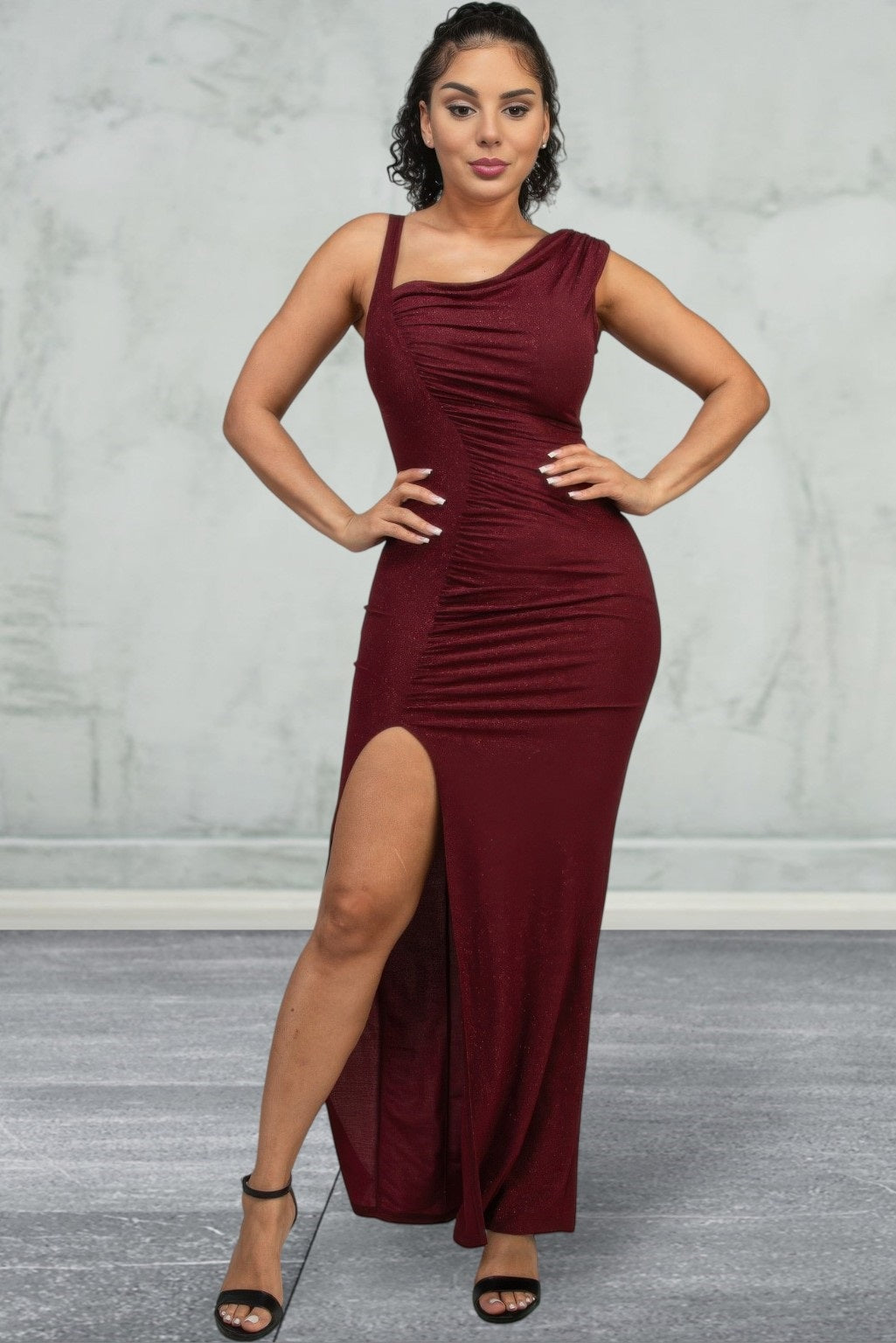 Sleeveless Glitter Slit Evening Dress