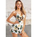 Adjustable shoulder strap front tie floral romper