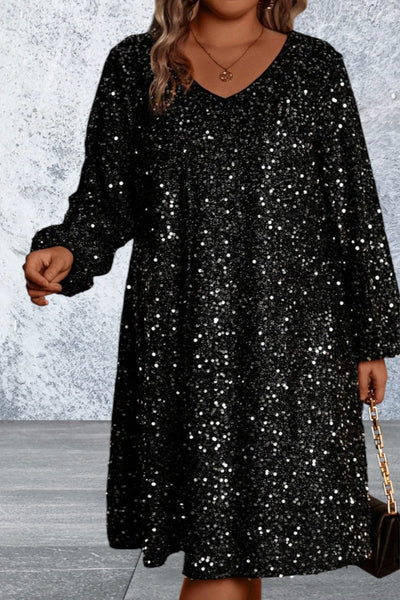 Plus Size Bubble Sleeve V Neck Sequin Dress