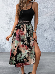 Sleeveless Lace Detail Floral Slit Midi Cami Dress