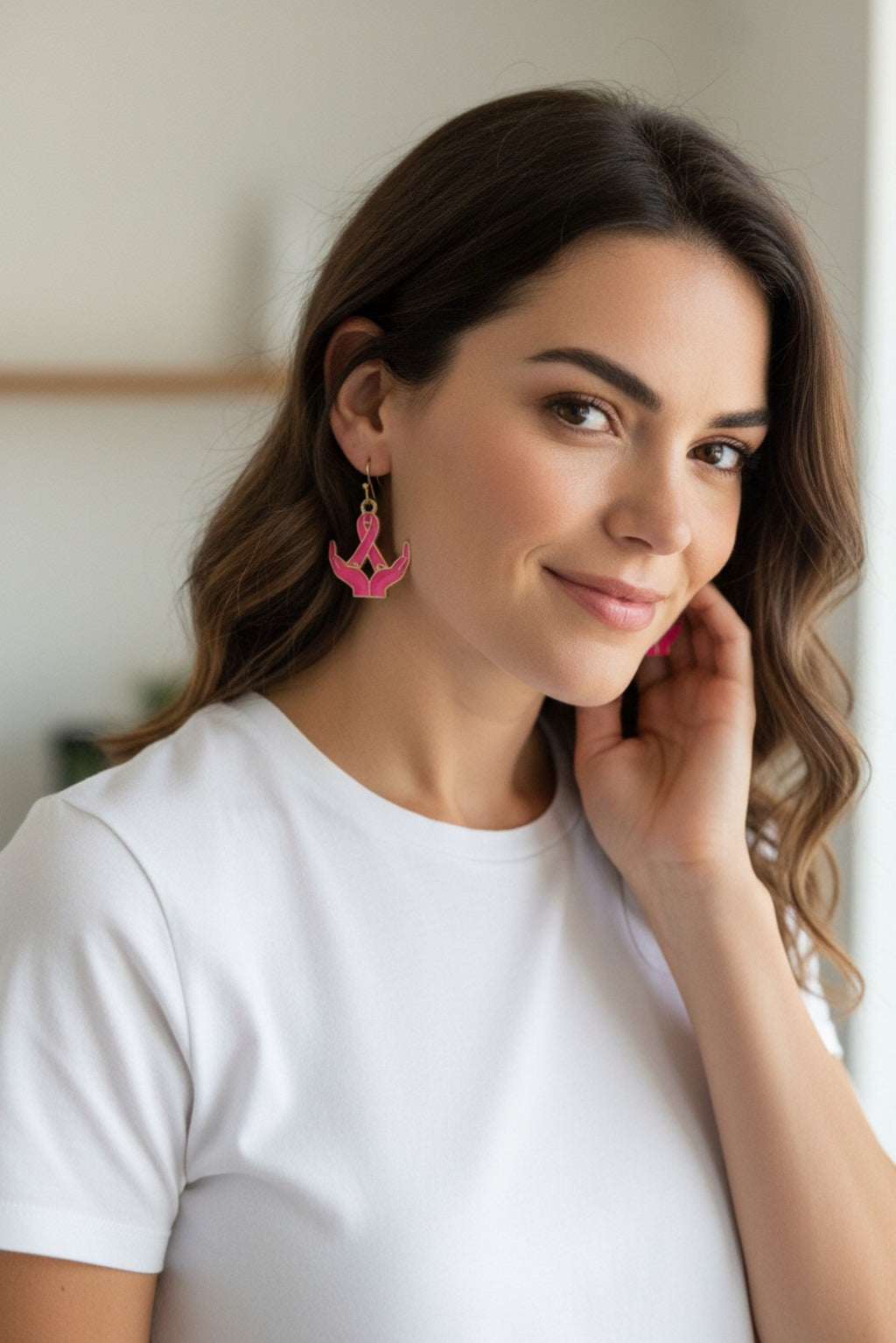 Pink Ribbon In The Palm Of Hands Earrings