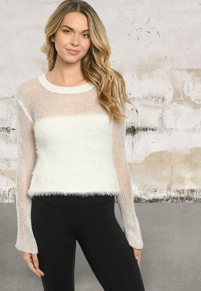 Long sleeve round neck fishnet knit top