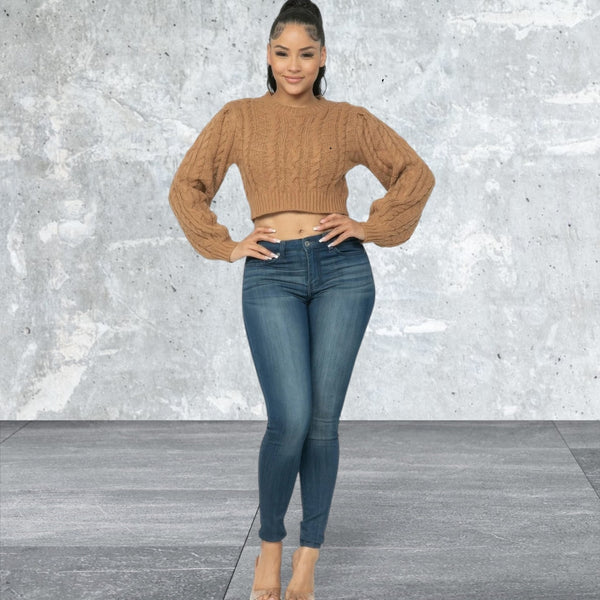 Long  Sleeve Crop Cable Pullover Sweater Top