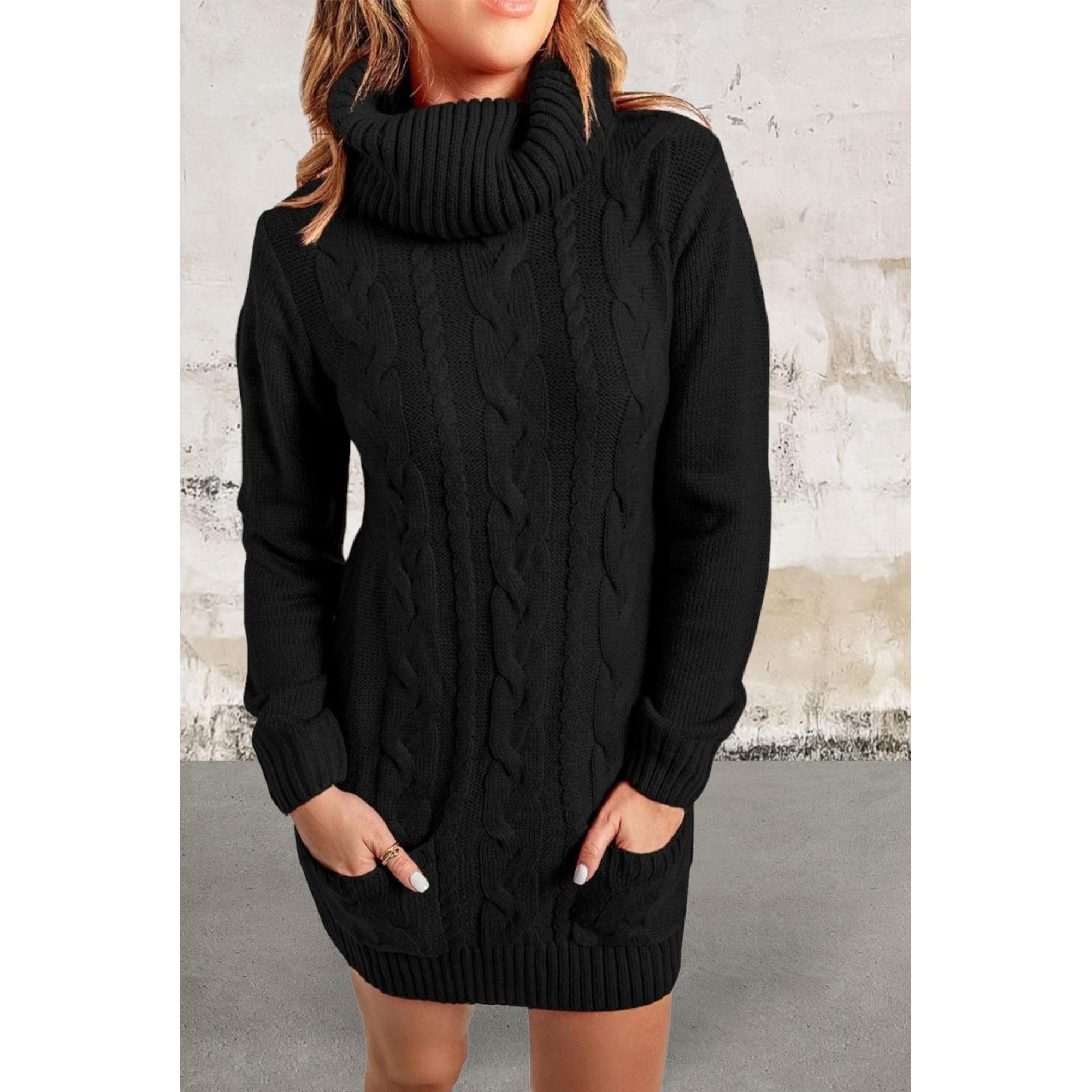 Black Cowl Neck Cable Knit Sweater Dress