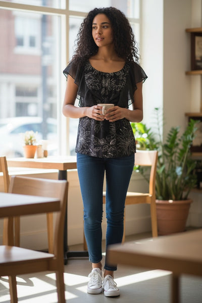 Butterfly Sleeve Round Neck Floral Top