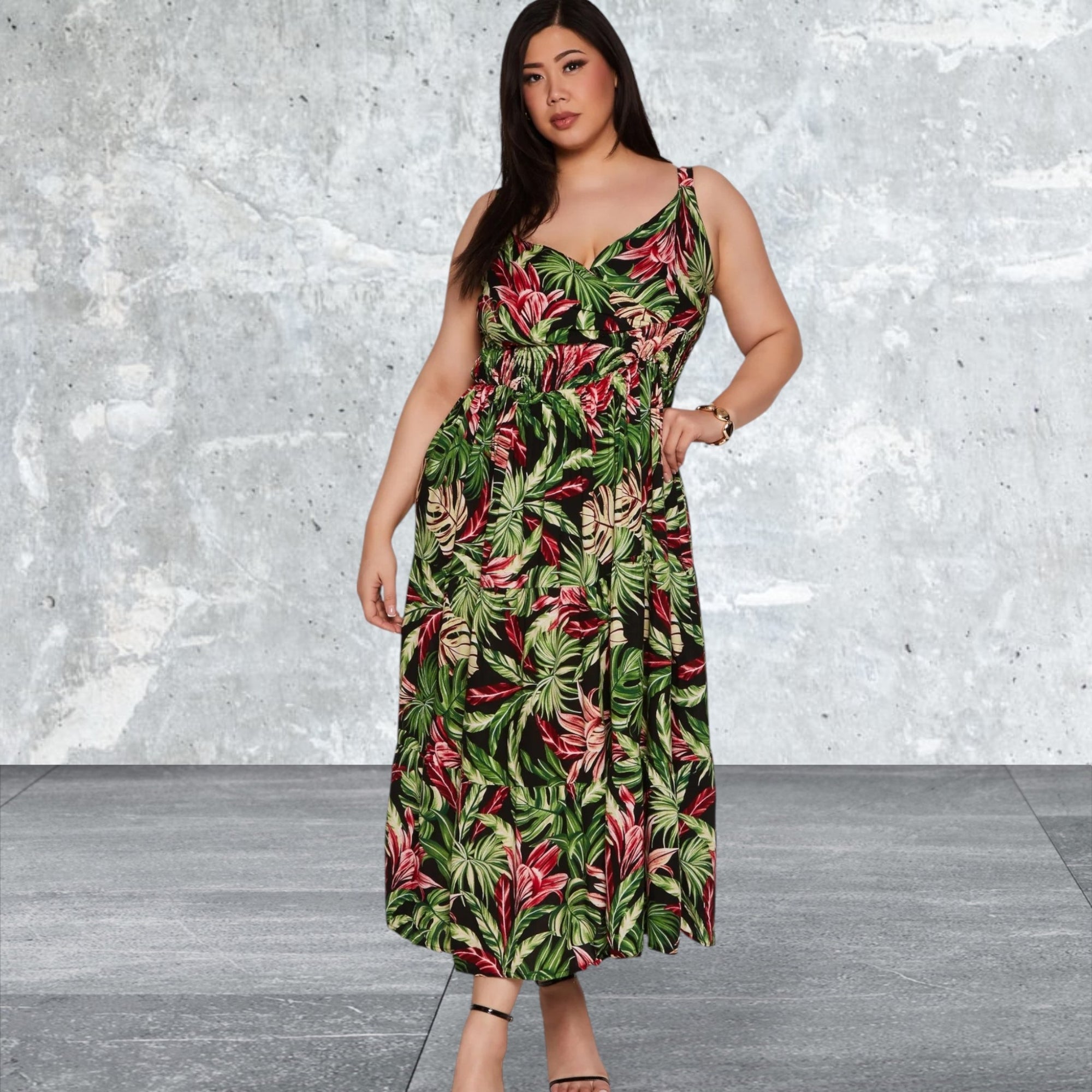 Plus Size Sleeveless Leaf Print Dress