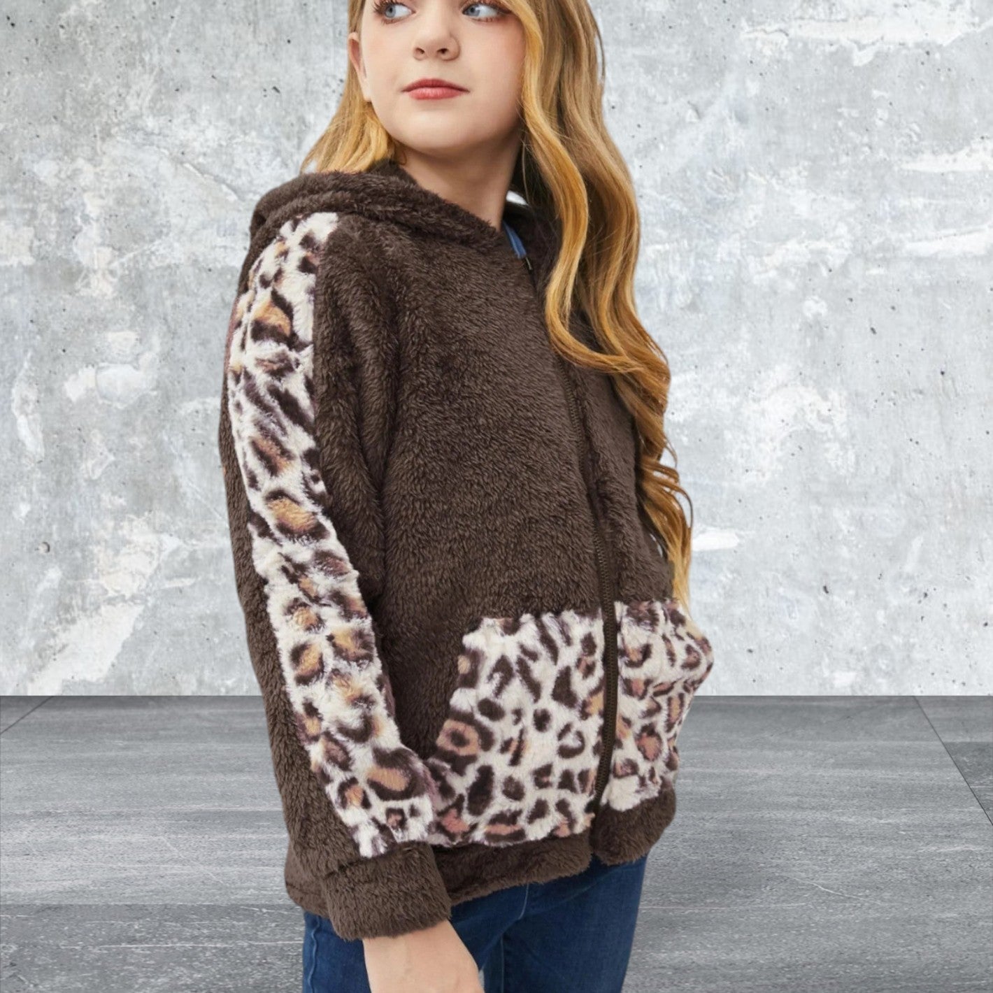 Girls Leopard Print Faux Fleece Jacket