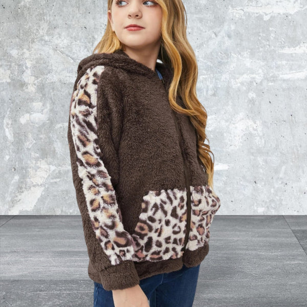 Girls Leopard Print Faux Fleece Jacket