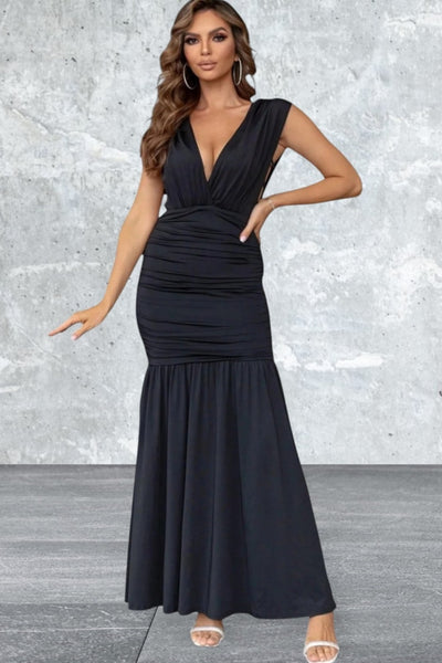 Women's Ruched Plunge Sleeveless Maxi Dress