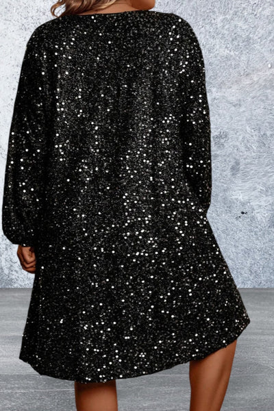 Plus Size Bubble Sleeve V Neck Sequin Dress