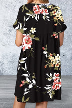 Plus Size Floral Short Sleeve Black V Neck Mini Dress