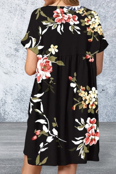 Plus Size Floral Short Sleeve Black V Neck Mini Dress